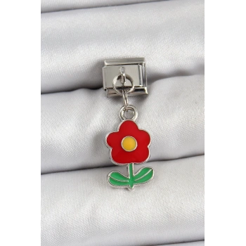 316L Çelik Sallantılı Kırmızı Papatya Model Gümüş Renk Nomination Charm - TJ-BC1466