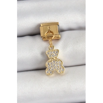 316L Çelik Sallantılı Zirkon Taşlı Ayıcık Model Gold Renk Nomination Charm - TJ-BC1432