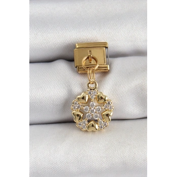 316L Çelik Sallantılı Zirkon Taşlı Kalp Detaylı Yıldz Model Gold Renk Nomination Charm - TJ-BC1415