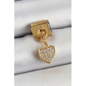 316L Çelik Sallantılı Zirkon Taşlı Kalp Model Gold Renk Nomination Charm - TJ-BC1401