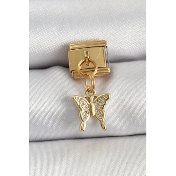 316L Çelik Sallantılı Zirkon Taşlı Kelebek Model Gold Renk Nomination Charm - TJ-BC1414