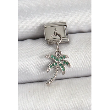 316L Çelik Sallantılı Zirkon Taşlı Palmiye Ağacı Model Gümüş Renk Nomination Charm - TJ-BC1445