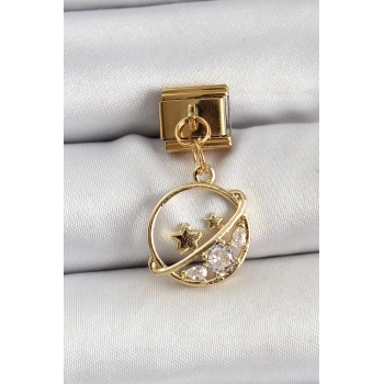 316L Çelik Sallantılı Zirkon Taşlı Satürn Model Gold Renk Nomination Charm - TJ-BC1418