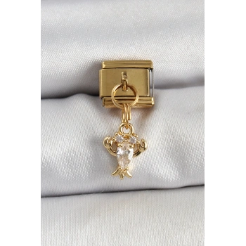 316L Çelik Sallantılı Zirkon Taşlı Yengeç Model Gold Renk Nomination Charm - TJ-BC1417
