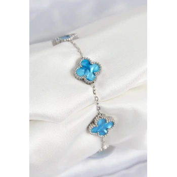 316L Çelik Sedefli Gökyüzü Mavisi Gümüş Renk Yonca Kadın Bileklik - TJ-BB7667