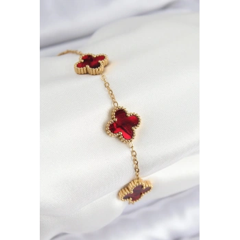 316L Çelik Sedefli Kırmızı Gold Renk Yonca Kadın Bileklik - TJ-BB7666