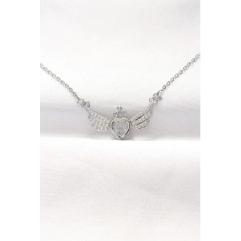 316L Çelik Silver Renk Zirkon Taşlı Kalpli Kanat Kolye - TJ-BKO8515