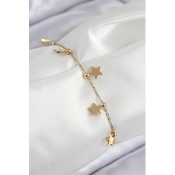 316L Çelik Sıralı Yıldız Model Gold Renk Kadın Bileklik - TJ-BB7825