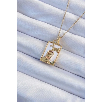 316L Çelik Zincir Altın Renk Beyaz Mineli Tarot Kolye - TJ-BKO9249