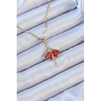 316L Çelik Zincir Altın Renk Kırmızı Etekli Zirkon Taşlı Balerin Kolye - TJ-BKO9099