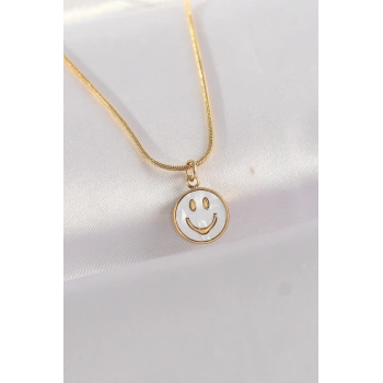 316L Çelik Zincir Altın Renk Mermer Desenli Minimal Smile Kolye - TJ-BKO8672
