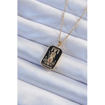 316L Çelik Zincir Altın Renk Siyah Mineli Tarot Kolye - TJ-BKO9247