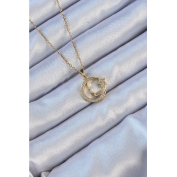 316L Çelik Zincir Altın Renk Zirkon Taşlı Ay Yıldız Simgeli Atatürk Kolye - TJ-BKO9117