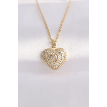 316L Çelik Zincir Altın Renk Zirkon Taşlı Kalp Kolye - TJ-BKO8624