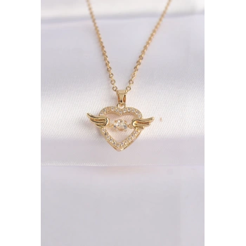 316L Çelik Zincir Altın Renk Zirkon Taşlı Kanatlı Kalp Kolye - TJ-BKO8628