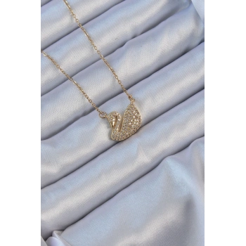316L Çelik Zincir Altın Renk Zirkon Taşlı Kuğu Kolye - TJ-BKO9149