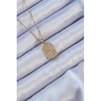 316L Çelik Zincir Altın Renk Zirkon Taşlı Kutup Yıldızlı Vintage Kolye - TJ-BKO9123