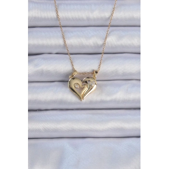 316L Çelik Zincir Altın Renk Zirkon Taşlı Mıknatıslı Kalp Kolye - TJ-BKO9081