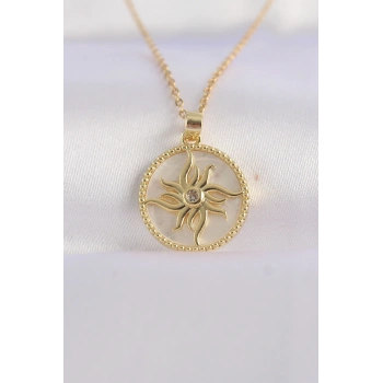 316L Çelik Zincir Altın Renk Zirkon Taşlı Oval Tasarım Güneş Kolye - TJ-BKO8653