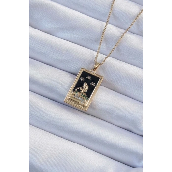 316L Çelik Zincir Altın Renk Zirkon Taşlı Siyah Mineli Kız Figürlü Tarot Kolye - TJ-BKO9227