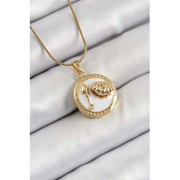 316L Çelik Zincir Beyaz Mineli Sanatsal Portre İstiridye Model Gold Renk Kadın Kolye - TJ-BKO10267