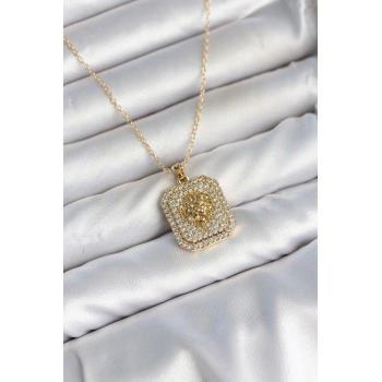 316L Çelik Zincir Gold Aslan Madalyon Model Zirkon Taşlı Kadın Kolye TJ-BKO11139