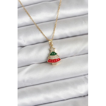 316L Çelik Zincir Gold Ren Çam Ağacı Model Zirkon Taşlı Yılbaşı Temalı Kadın Kolye - TJ-BKO10710