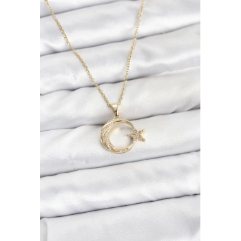 316L Çelik Zincir Gold Renk Ay Yıldız Model Zirkon Taşlı Kadın Kolye - TJ-BKO10905