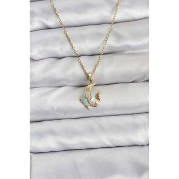 316L Çelik Zincir Gold Renk Balık Model Zirkon Taşlı Kadın Kolye - TJ-BKO10846
