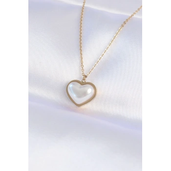 316L Çelik Zincir Gold Renk Beyaz Taşlı Bubble Kalp Kolye - TJ-BKO8737
