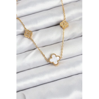 316L Çelik Zincir Gold Renk Beyaz ve Zirkon Taşlı Yonca Kadın Kolye - TJ-BKO10590