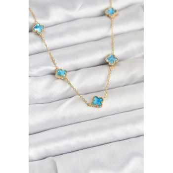 316L Çelik Zincir Gold Renk Buz Mavisi Baby Boy Yonca Kadın Kolye - TJ-BKO10571