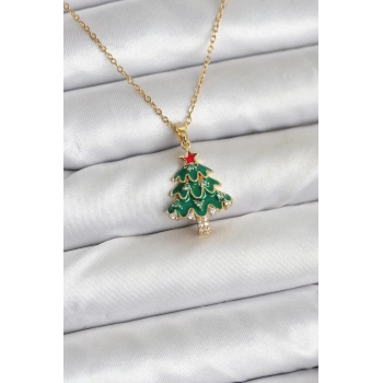 316L Çelik Zincir Gold Renk Çam Ağacı Model Yılbaşı Temalı Kadın Kolye - TJ-BKO10720