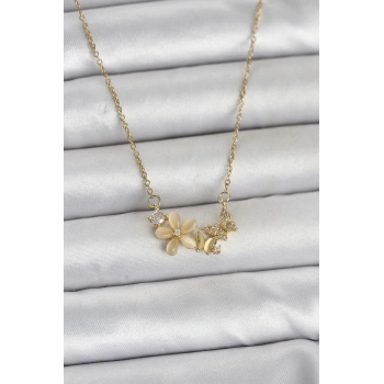 316L Çelik Zincir Gold Renk Çiçek ve Model Kadın Kolye - TJ-BKO11038