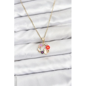316L Çelik Zincir Gold Renk Çiçekli Kedili Model Kadın Kolye - TJ-BKO10871