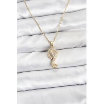 316L Çelik Zincir Gold Renk Deniz Atı Model Zirkon Taşlı Kadın Kolye - TJ-BKO10895