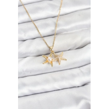 316L Çelik Zincir Gold Renk Deniz Yıldızı Model Zirkon Taşlı Kadın Kolye - TJ-BKO10907