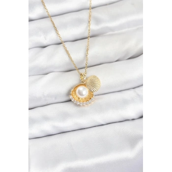 316L Çelik Zincir Gold Renk İncili Deniz Kabuğu Model Zirkon Taşlı Kadın Kolye - TJ-BKO10911