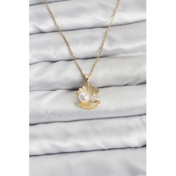 316L Çelik Zincir Gold Renk İstiridye İnci Model Zirkon Taşlı Kadın Kolye - TJ-BKO10850