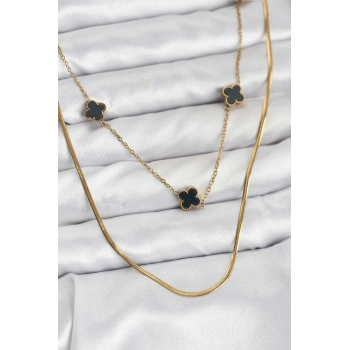 316L Çelik Zincir Gold Renk İtalyan Zincirli Siyah Yonca Model Kadın Kolye - TJ-BKO10782