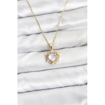 316L Çelik Zincir Gold Renk Kalp Model Zirkon Taşlı Kadın Kolye - TJ-BKO10883