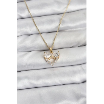 316L Çelik Zincir Gold Renk Kalp ve Fiyonk Model Zirkon Taşlı Kadın Kolye - TJ-BKO10848