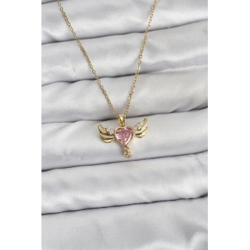 316L Çelik Zincir Gold Renk Kanatlı Kalp Model Zirkon Taşlı Kadın Kolye - TJ-BKO10837