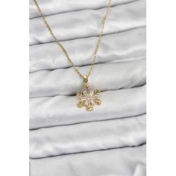 316L Çelik Zincir Gold Renk Kar Tanesi Model Zirkon Taşlı Kadın Kolye - TJ-BKO10831