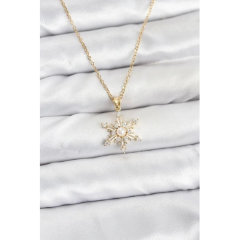 316L Çelik Zincir Gold Renk Kar Tanesi Model Zirkon Taşlı Kadın Kolye - TJ-BKO10865