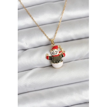 316L Çelik Zincir Gold Renk Kardan Adam Figürlü Yılbaşı Temalı Kadın Kolye - TJ-BKO10712