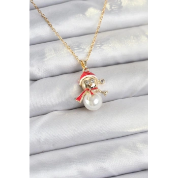 316L Çelik Zincir Gold Renk Kardan Adam Model Yılbaşı Temalı Kadın Kolye - TJ-BKO10702