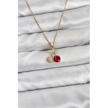 316L Çelik Zincir Gold Renk Kiraz Model Zirkon Taşlı Kadın Kolye - TJ-BKO10854