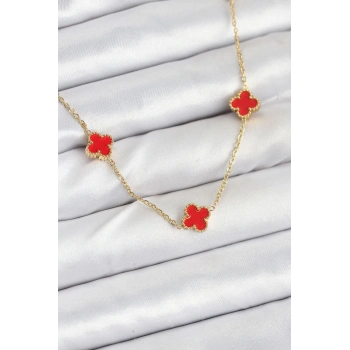 316L Çelik Zincir Gold Renk Kırmızı Baby Boy Yonca Kadın Kolye - TJ-BKO10580