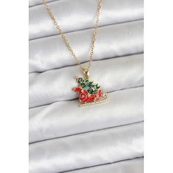 316L Çelik Zincir Gold Renk Kızak ve Çam Ağacı Figürlü Yılbaşı Temalı Kadın Kolye - TJ-BKO10716